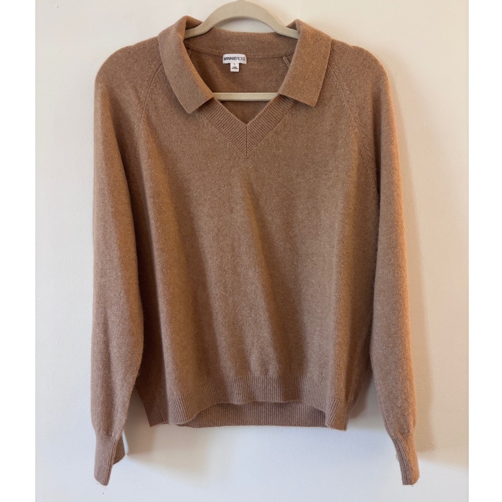 Minnie Rose 100% Cashmere V-Neck Polo‎ Collar Sweater Camel Brown Large